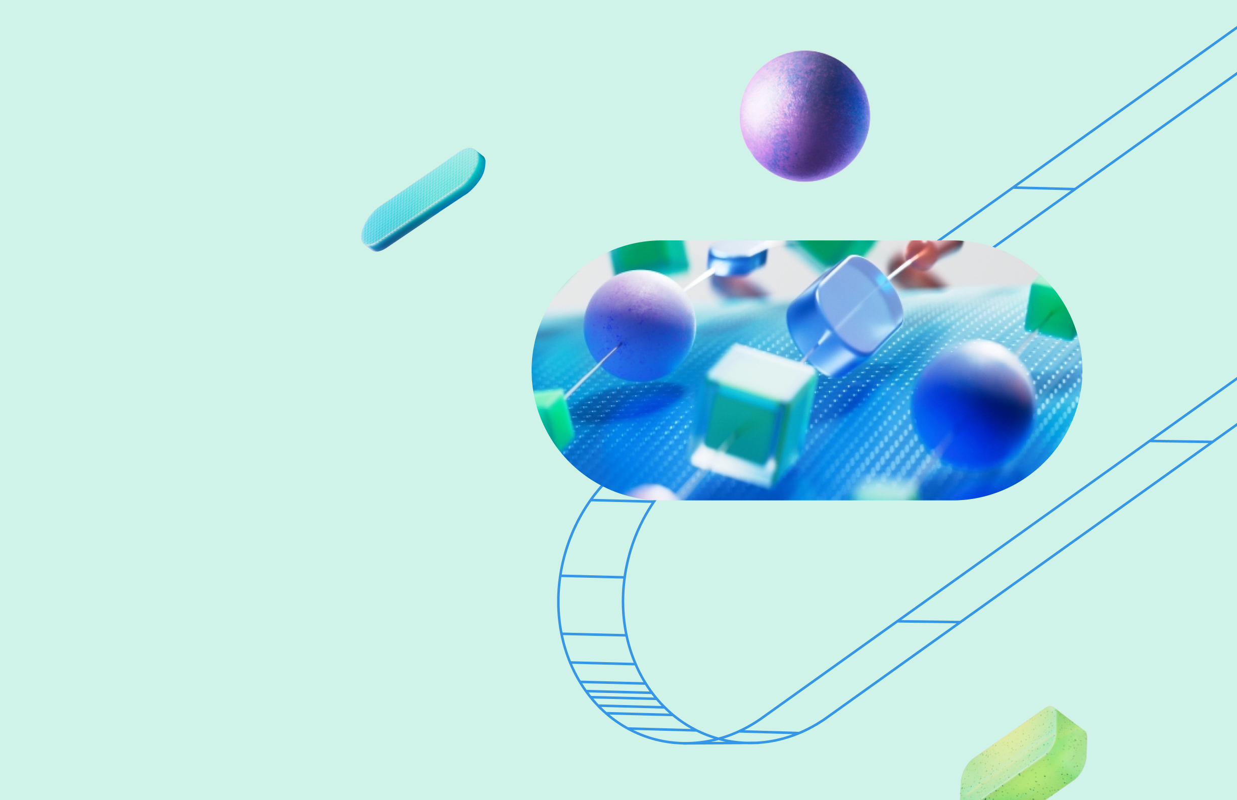 Abstract 3D cubes and spheres floating on a mint background with a curved blue line.