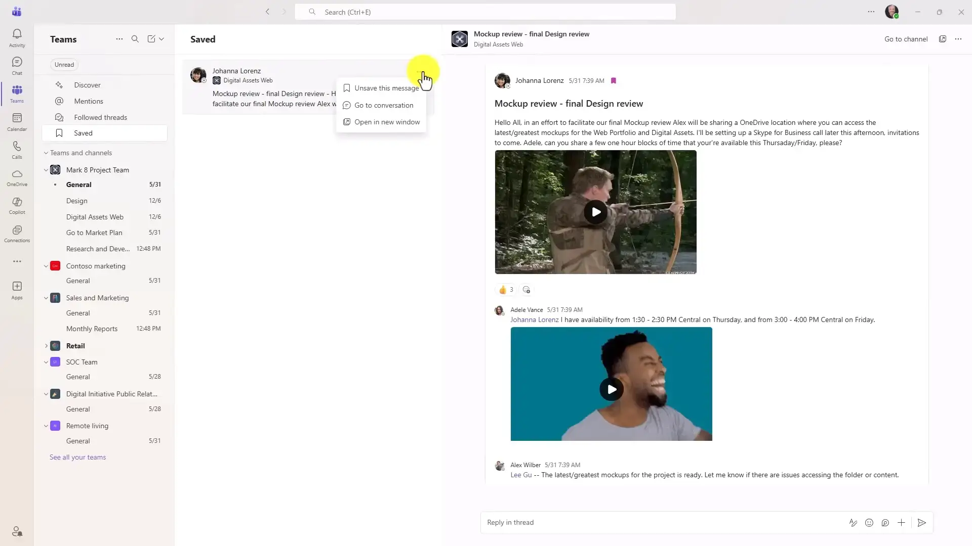 Microsoft Teams Saved icon in the left navigation pane with bookmarked messages