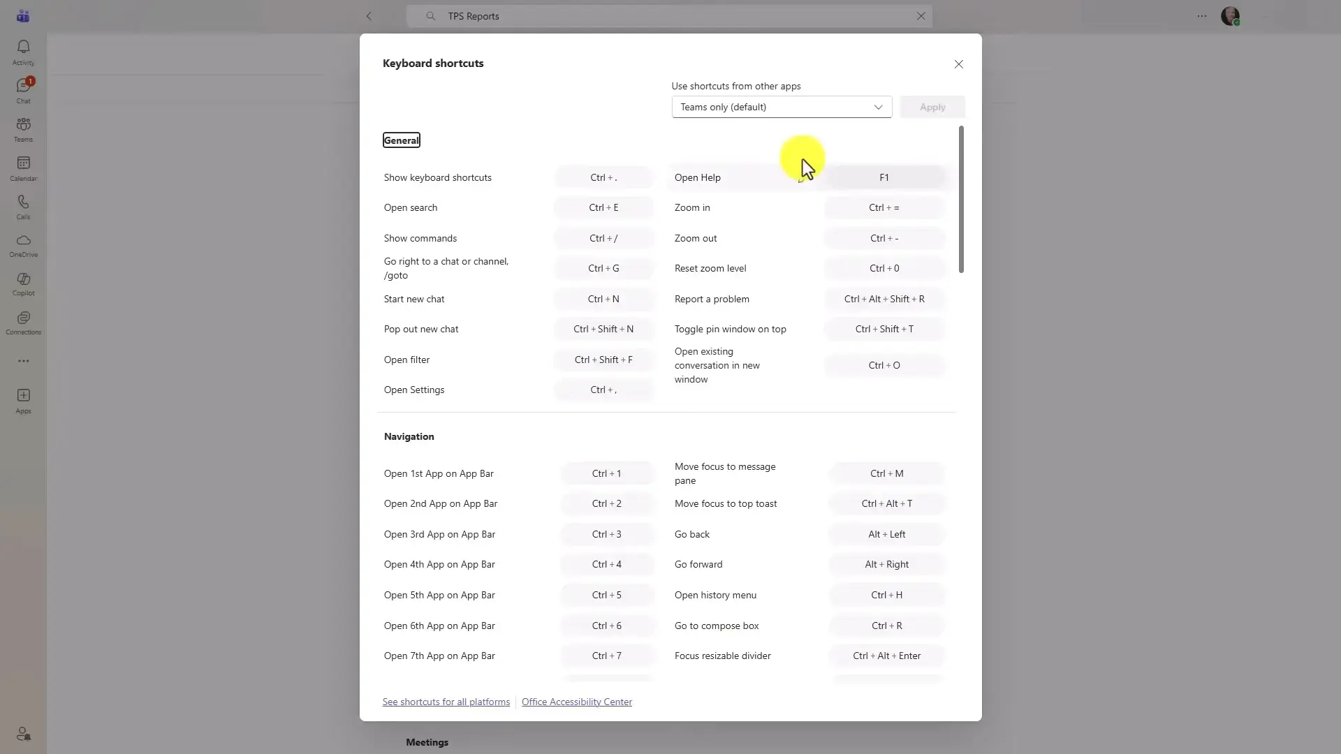 The Teams keyboard shortcuts overlay window showing all available commands