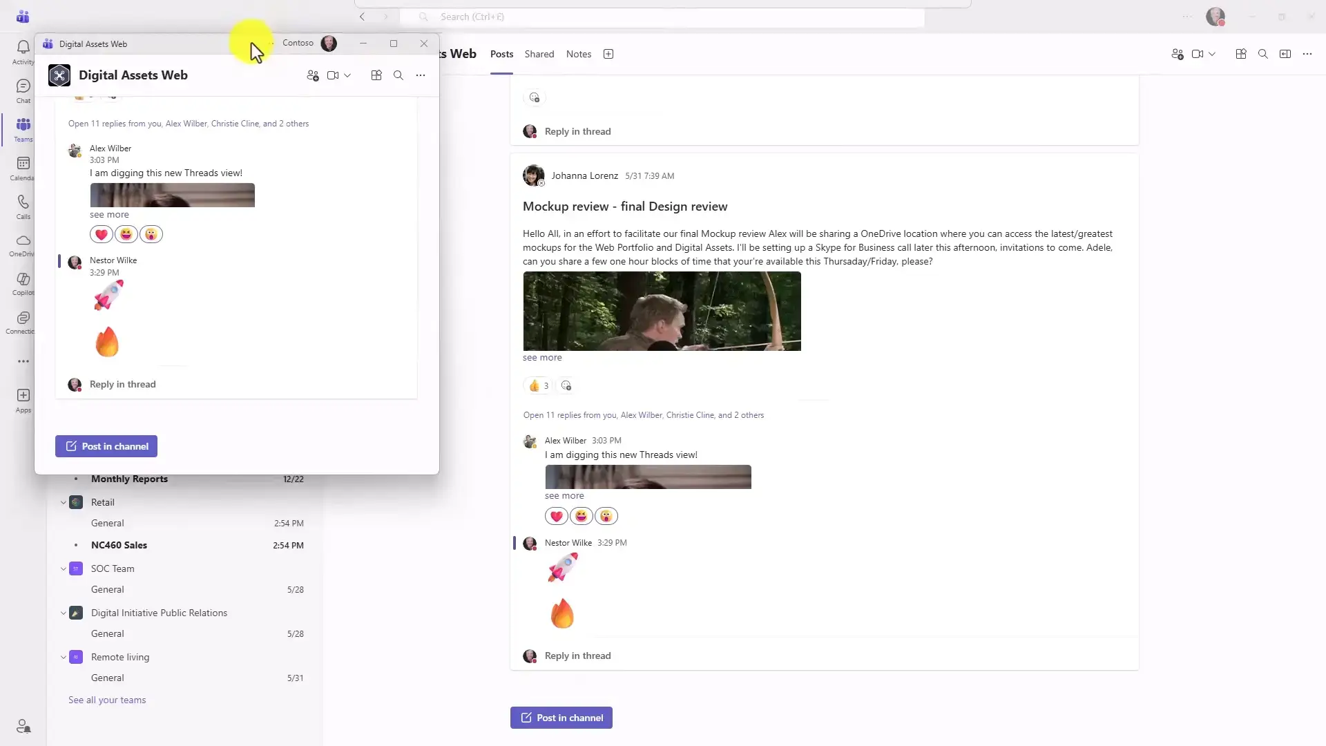 Teams chat panels detached and floating away from the main window