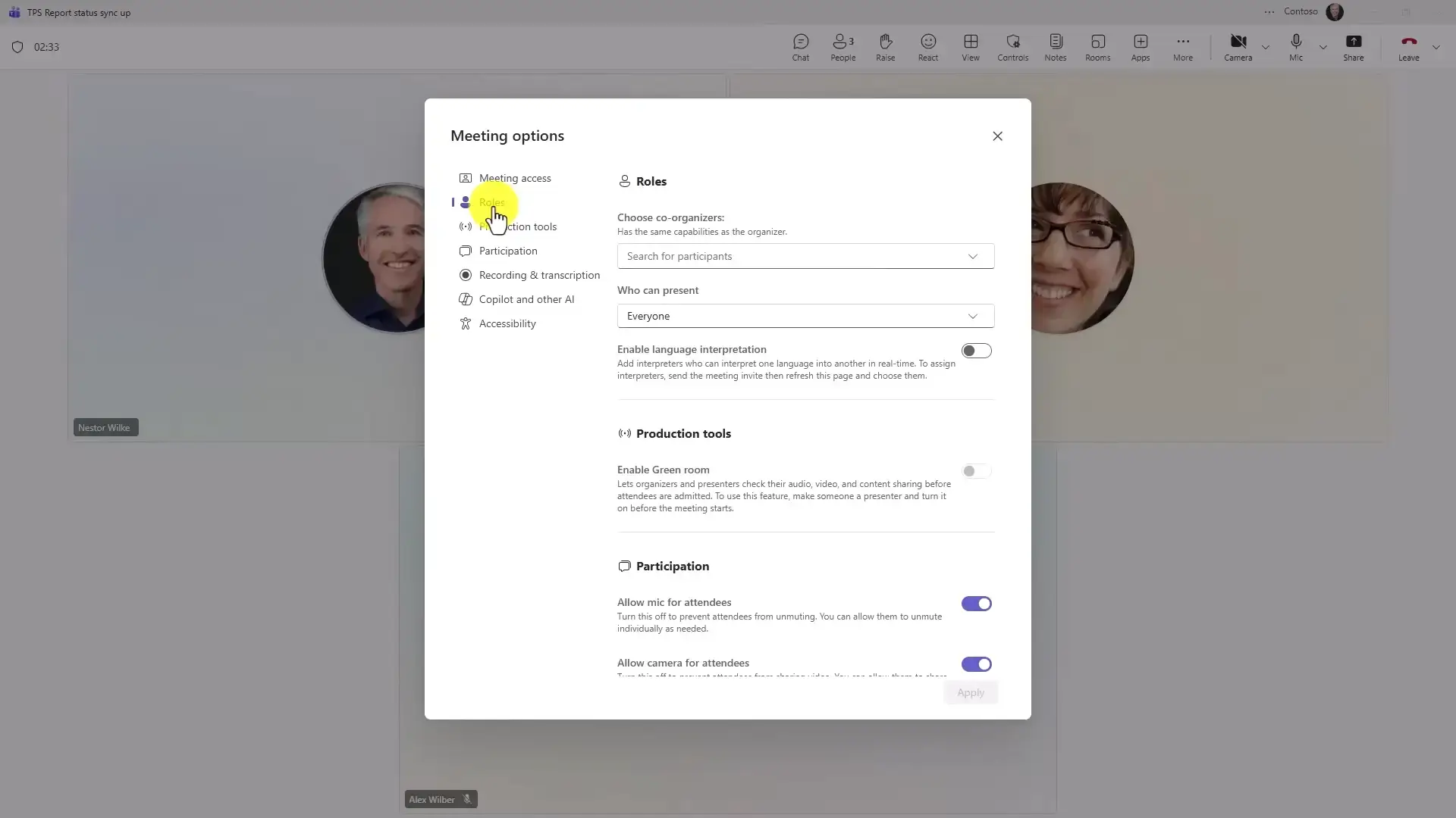Expanded Teams meeting controls drawer showing entry permissions and presenter options
