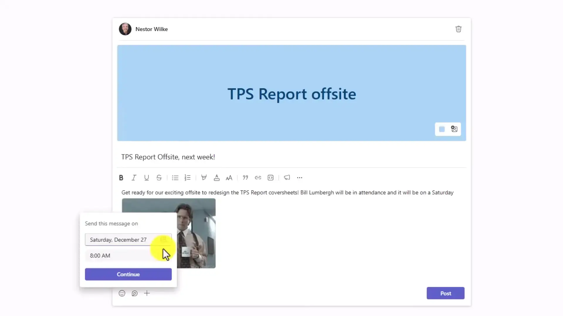 Microsoft Teams scheduled send popup calendar with delivery date and time options