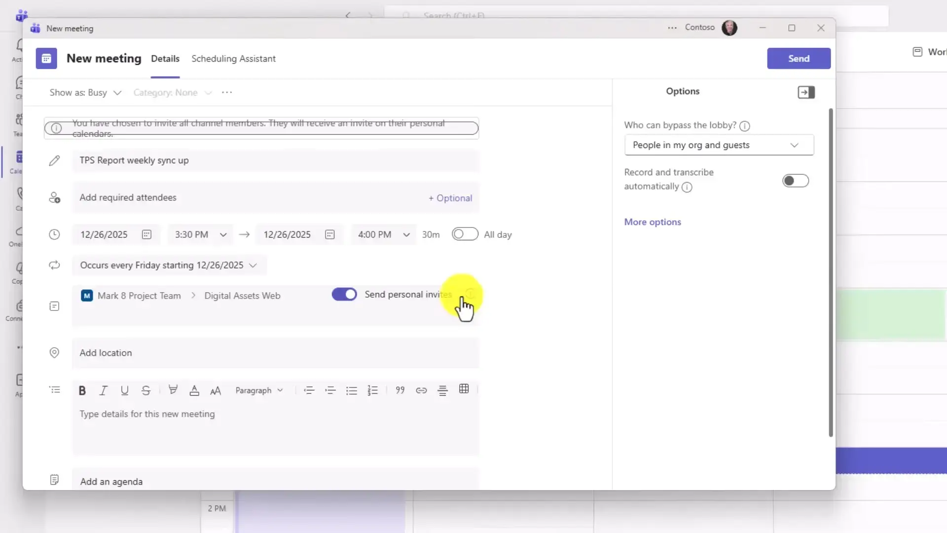 Send personal invites toggle inside the Teams calendar scheduler