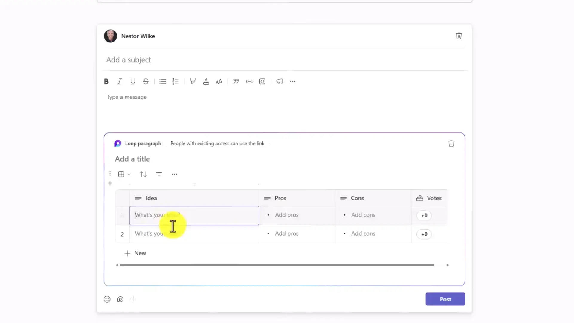 Live Loop voting table inside a Teams message showing user avatars and real-time edits