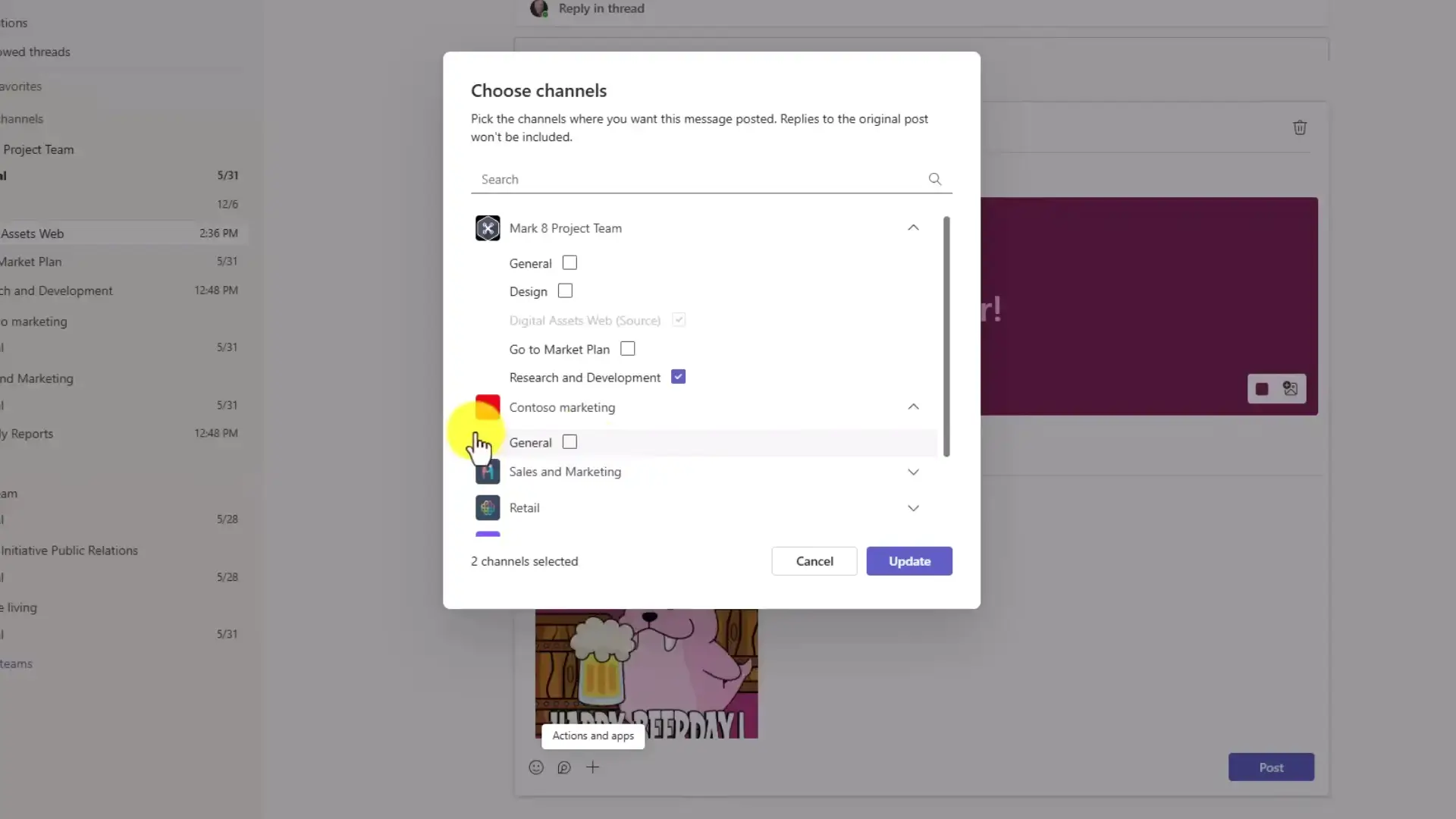 Teams composition window header showing multi-channel selection tags