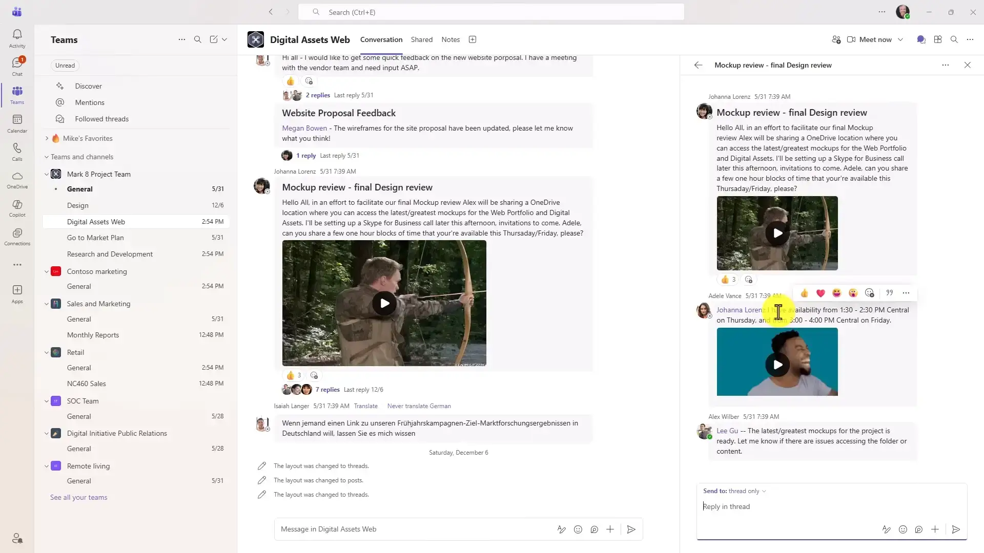 Teams dual-pane workspace with the main feed on the left and a conversation thread open on the right