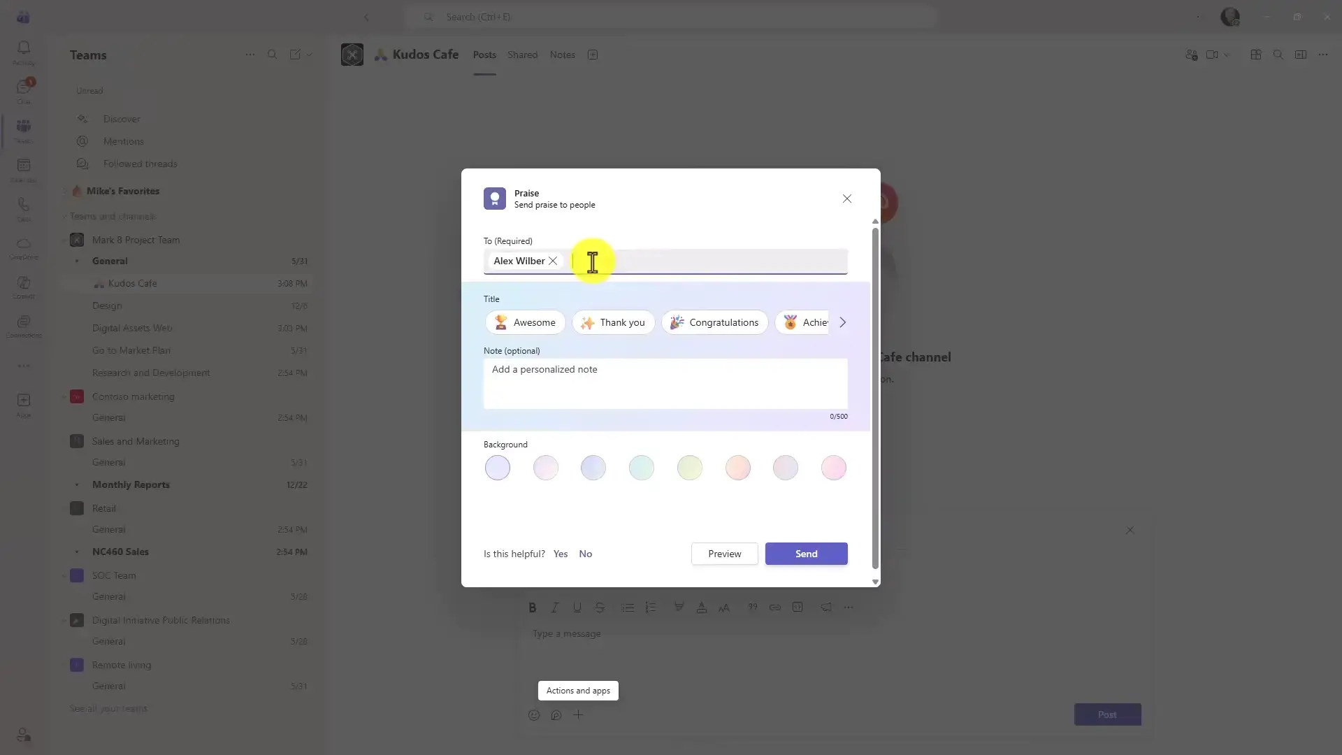 Teams Praise badge creation preview screen with a custom message