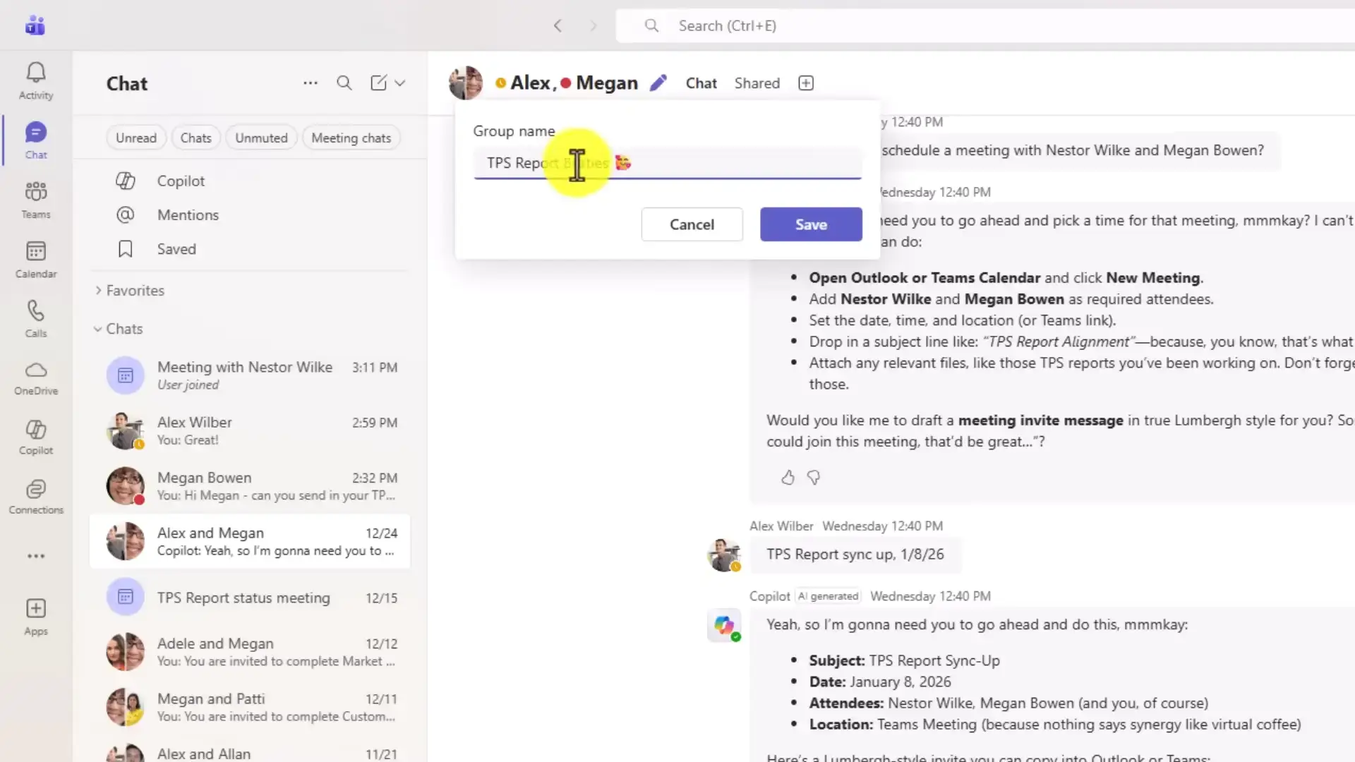 Teams group chat name input box next to the pencil edit icon