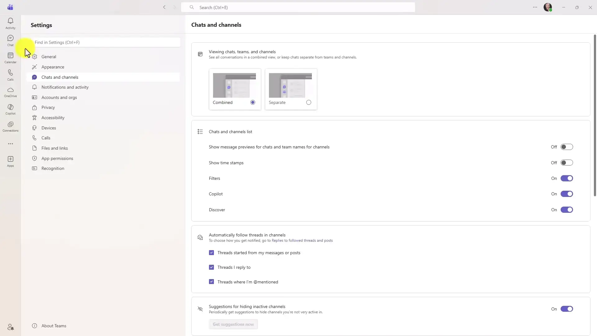 Unified Teams sidebar showing private chats and team channels together in one list