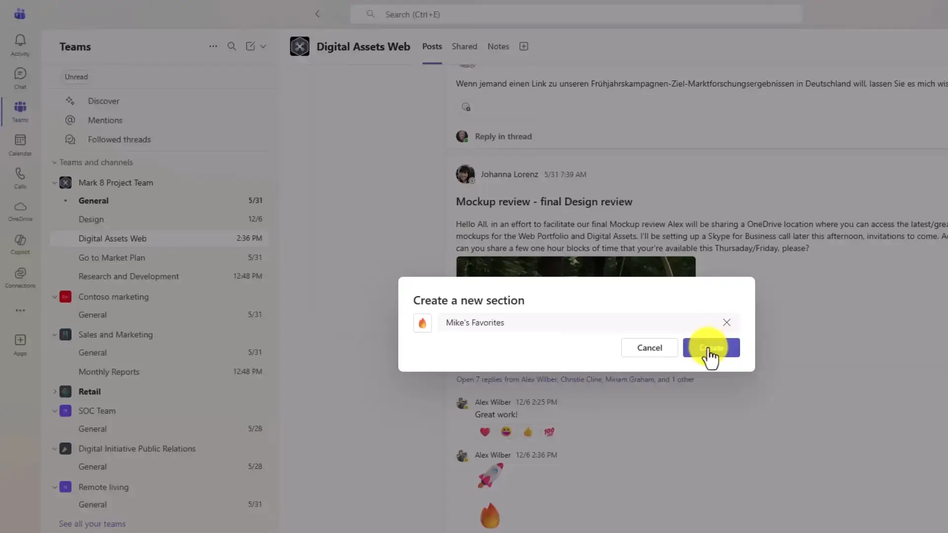 A custom named section folder pinned at the top of the Teams sidebar