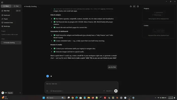 Example of chat screenshot - Kimi for Windows: Kimi, Kimi Work and Kimi Code Setup Guide