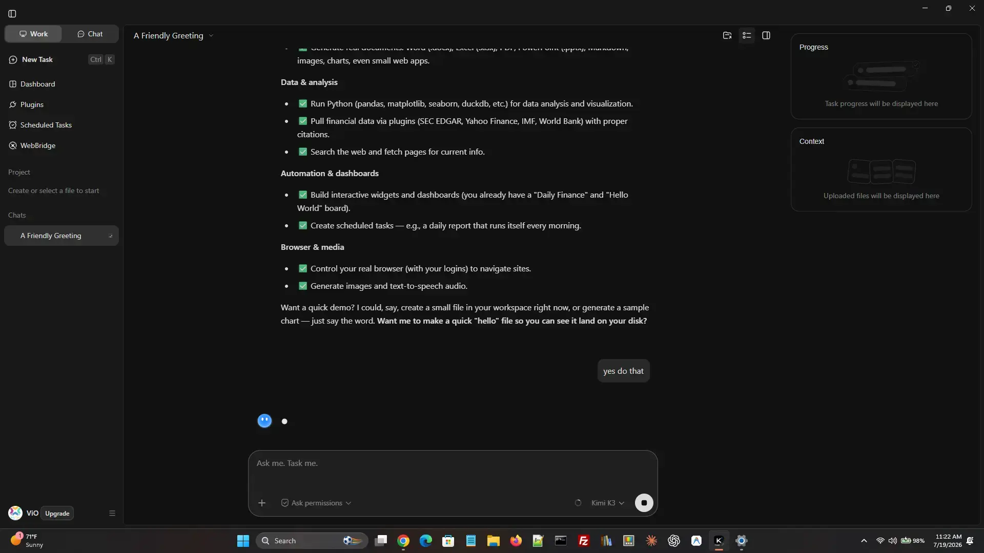 Example of chat screenshot - Kimi for Windows: Kimi, Kimi Work and Kimi Code Setup Guide