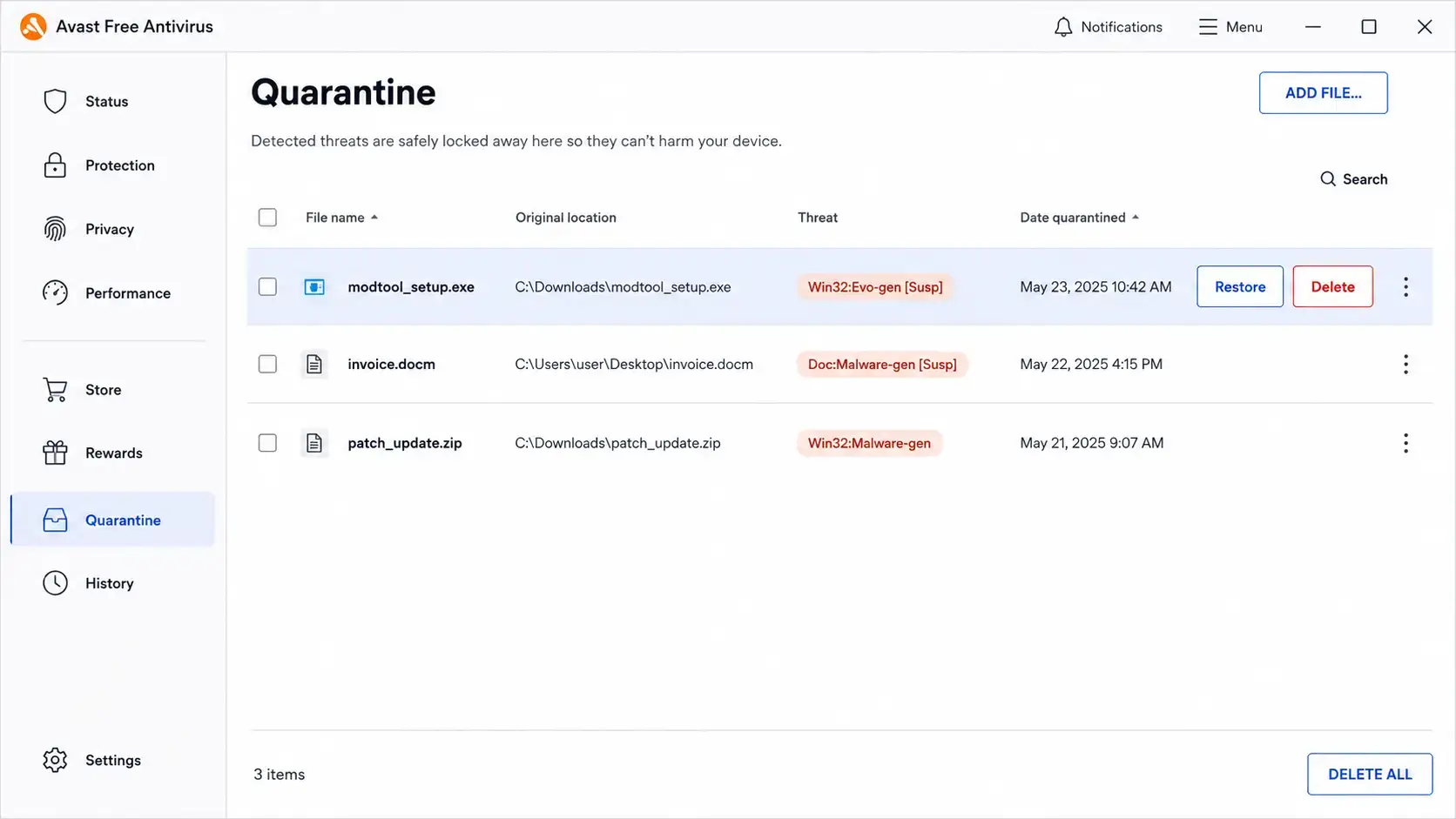Avast antivirus quarantine screen showing a blocked download