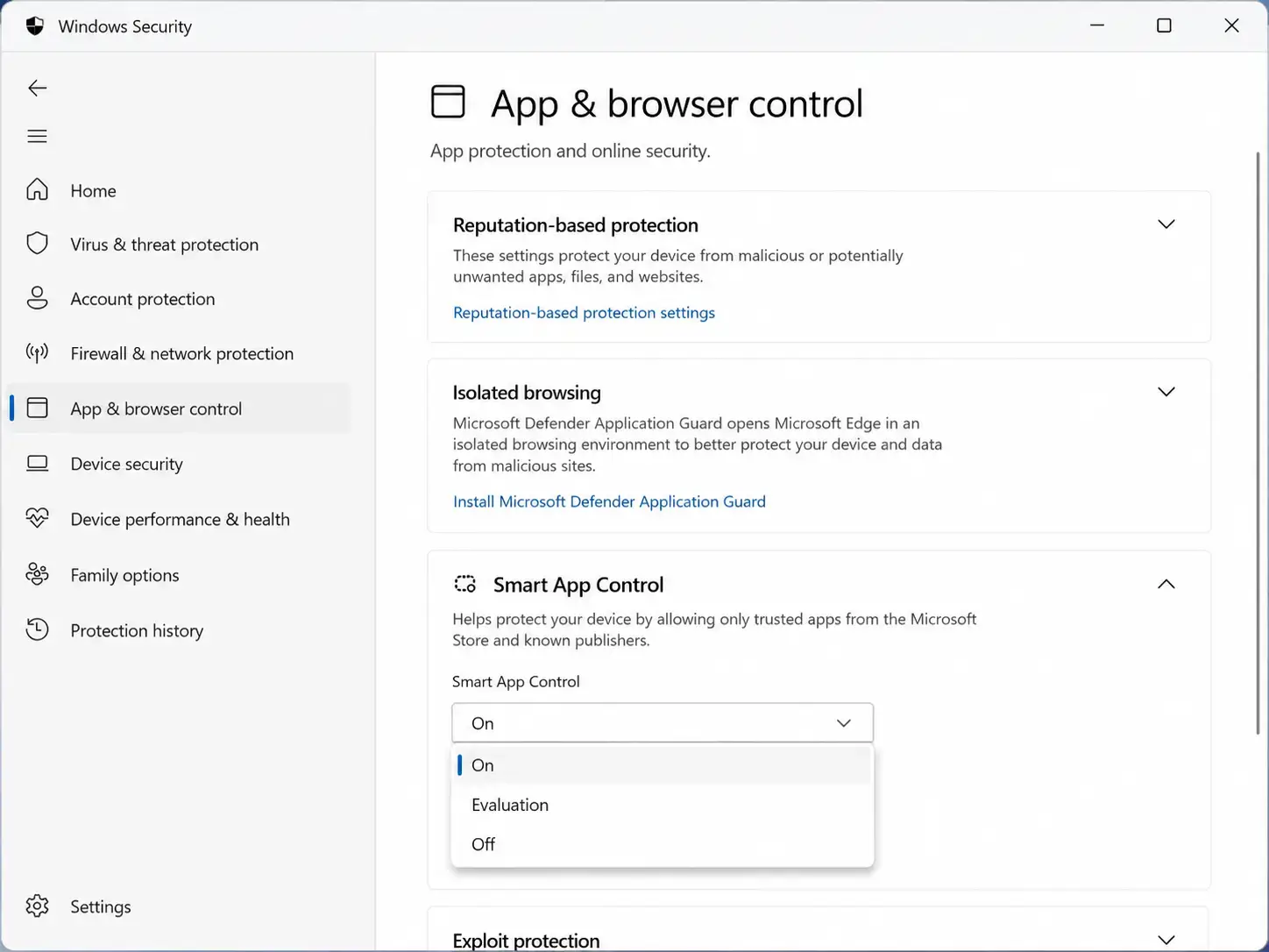Windows Security reputation-based protection settings with SmartScreen toggles