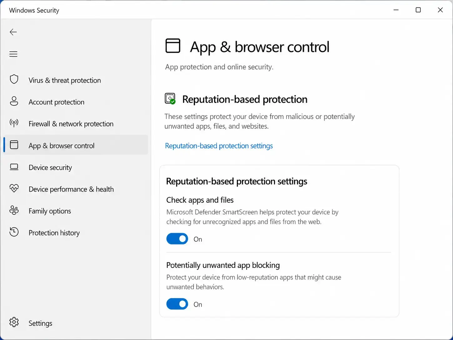 Windows Security Smart App Control settings page