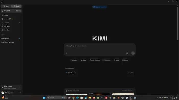 Homescreen screenshot - Kimi for Windows: Kimi, Kimi Work and Kimi Code Setup Guide