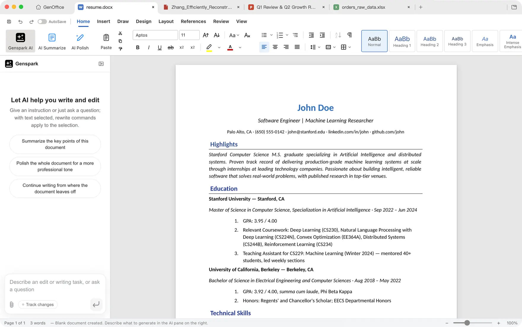 GenOffice Docs on Windows with the AI assistant panel open