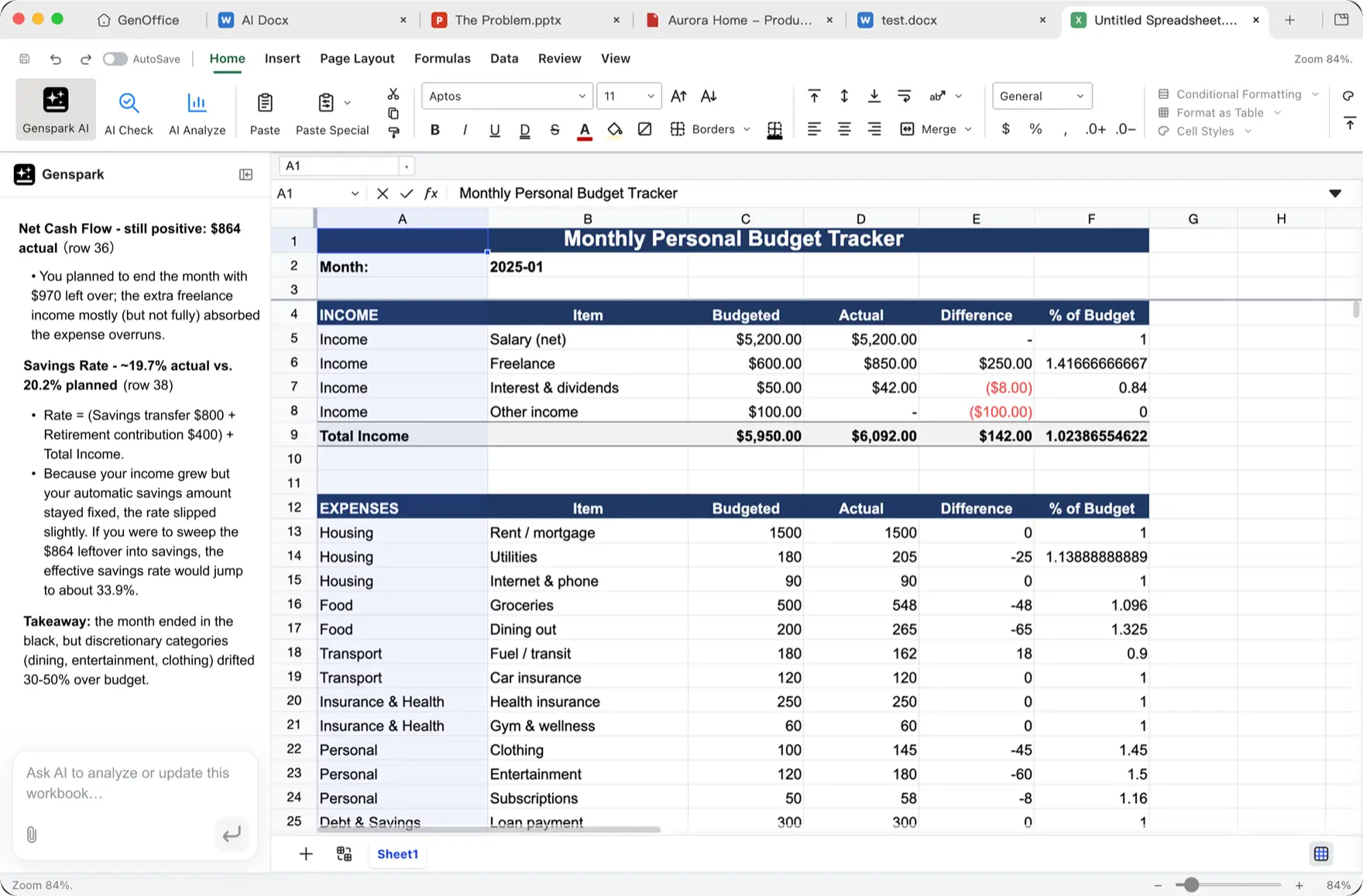 GenOffice Sheets on Windows with the AI assistant panel open
