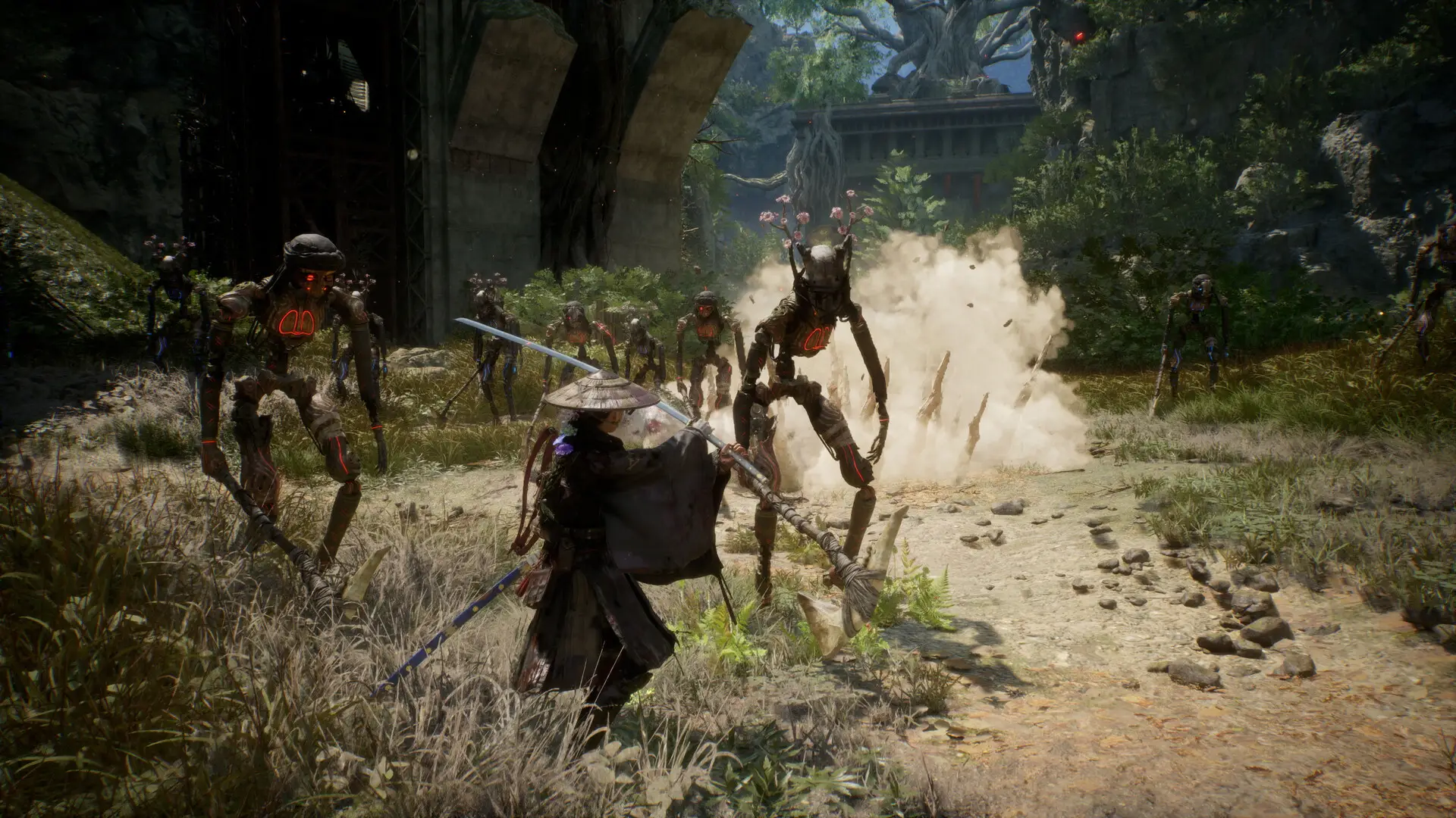 Emma swings a long blue blade at skeletal machine enemies with red markings in an overgrown ruin in Beast of Reincarnation