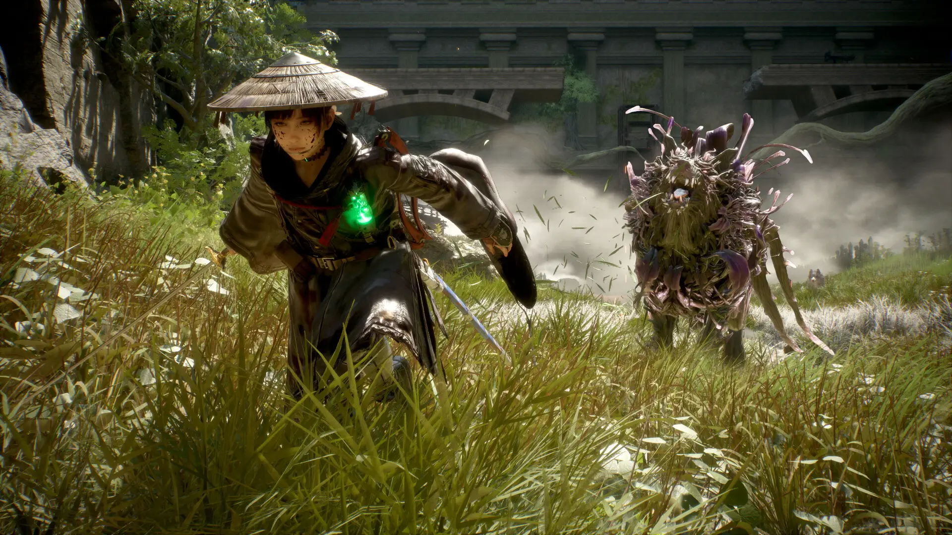Emma sprints through tall grass beside a shaggy plant-covered beast in Beast of Reincarnation