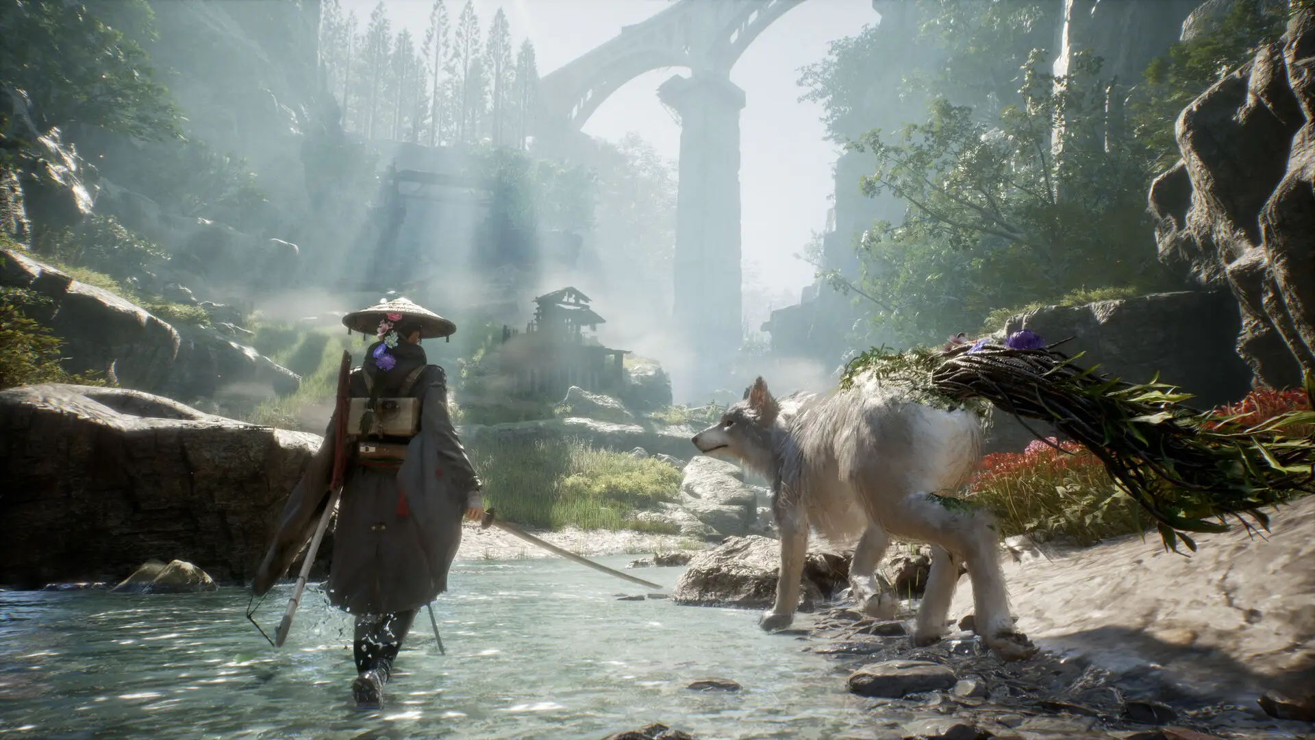 Emma wades a shallow river with Koo, the white wolf-dog, beneath a ruined bridge in Beast of Reincarnation