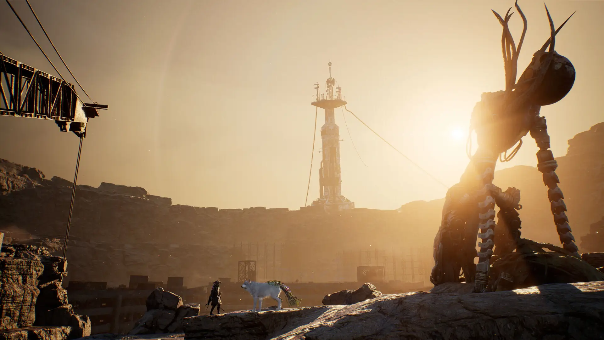 Emma and Koo stand small against a sunset wasteland with a towering insect-like machine in Beast of Reincarnation