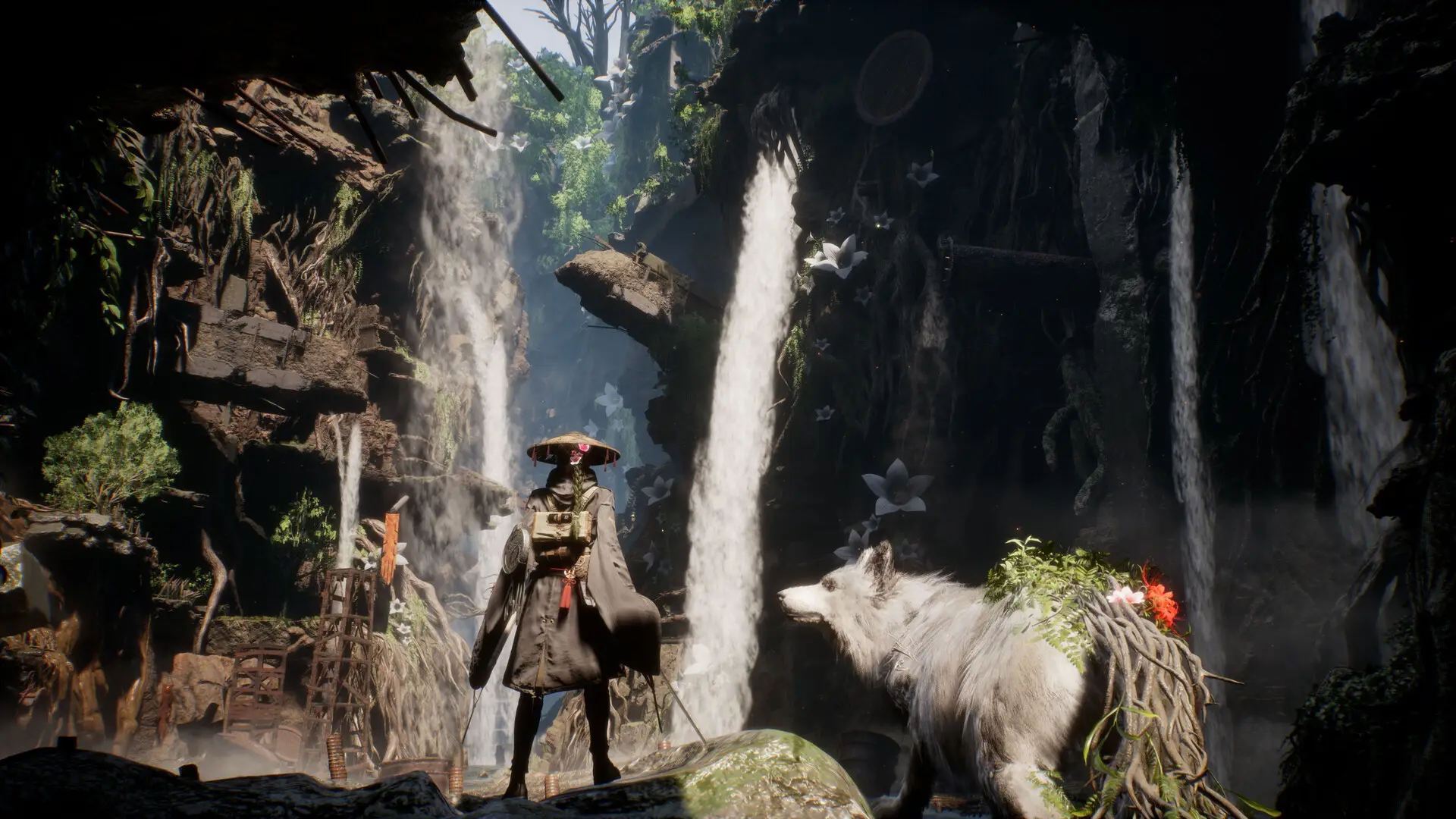 Emma and Koo look out over a cavern of waterfalls and white flowers in Beast of Reincarnation