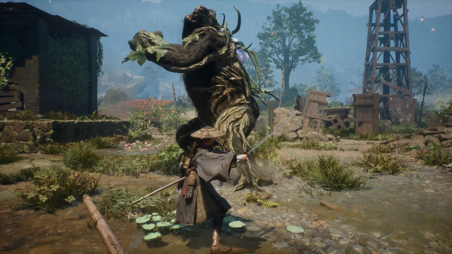 Emma attacks a large bear-like creature made of wood and vines in a flooded village in Beast of Reincarnation