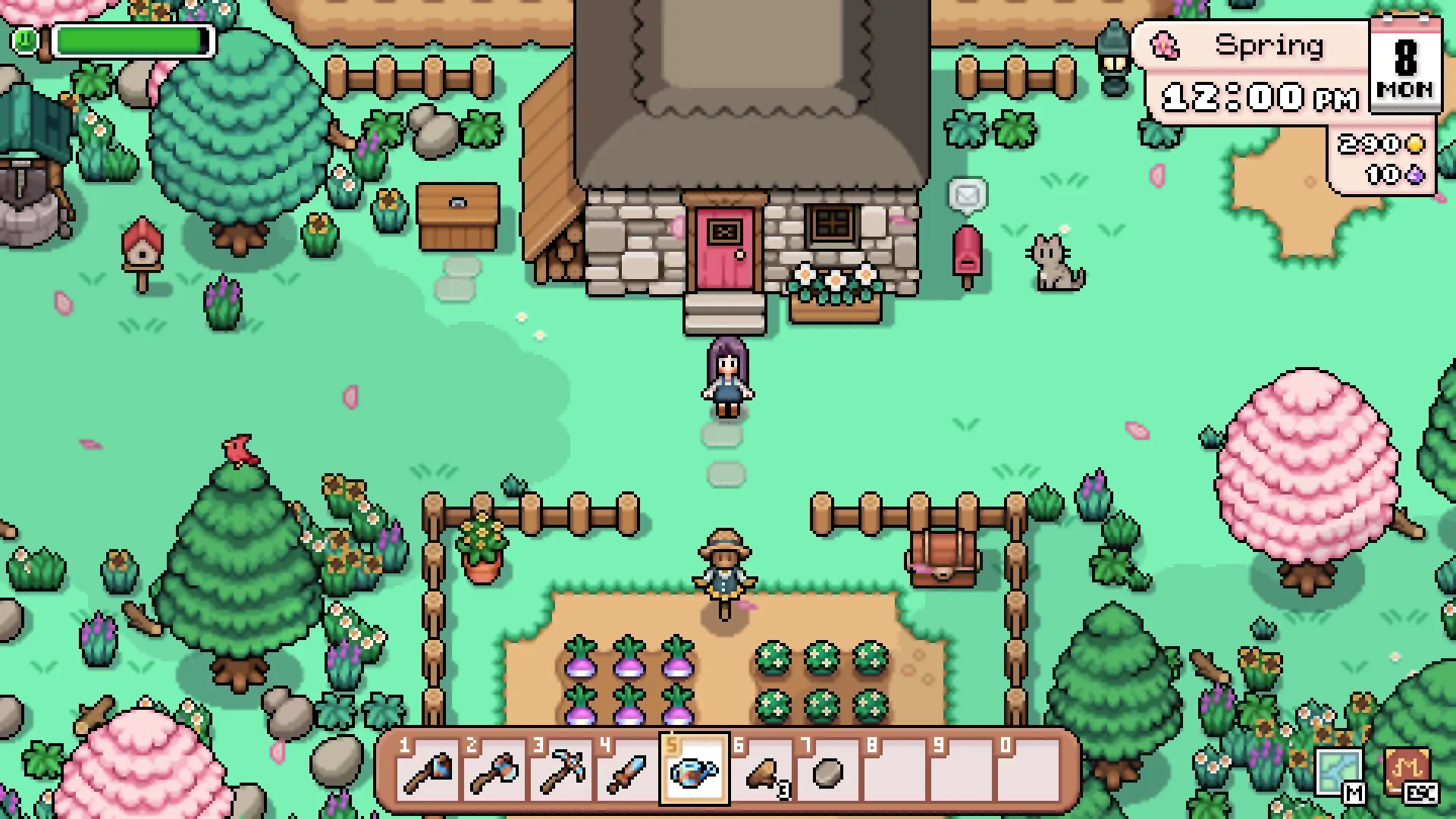A spring farm in Fields of Mistria with a stone cottage, a small plot of turnips and radishes, a scarecrow, and blossom trees around the fenced yard