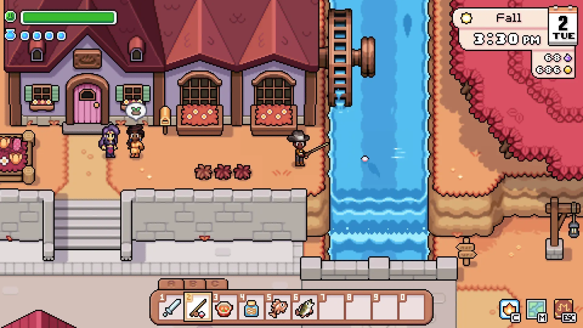 The town of Mistria in fall, with a water wheel turning on the river, shops with red and pink roofs, villagers walking, and the farmer fishing from the bank