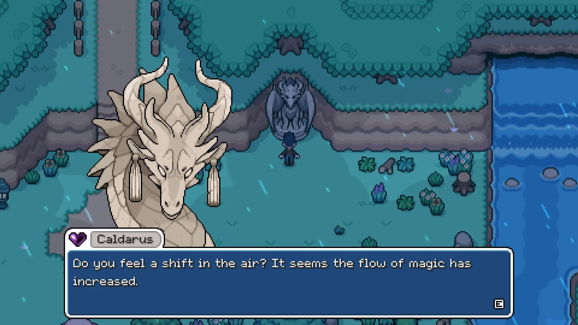 Caldarus, a huge white dragon with long antlers, talks to the farmer about the flow of magic inside a rainy ruined cavern in Fields of Mistria