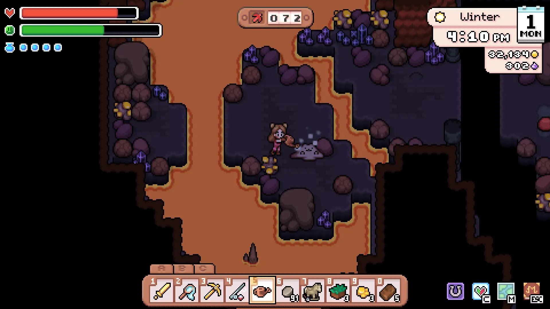 Deep in the mines in Fields of Mistria, the farmer swings a pickaxe at a rock on a floor lined with purple crystal deposits