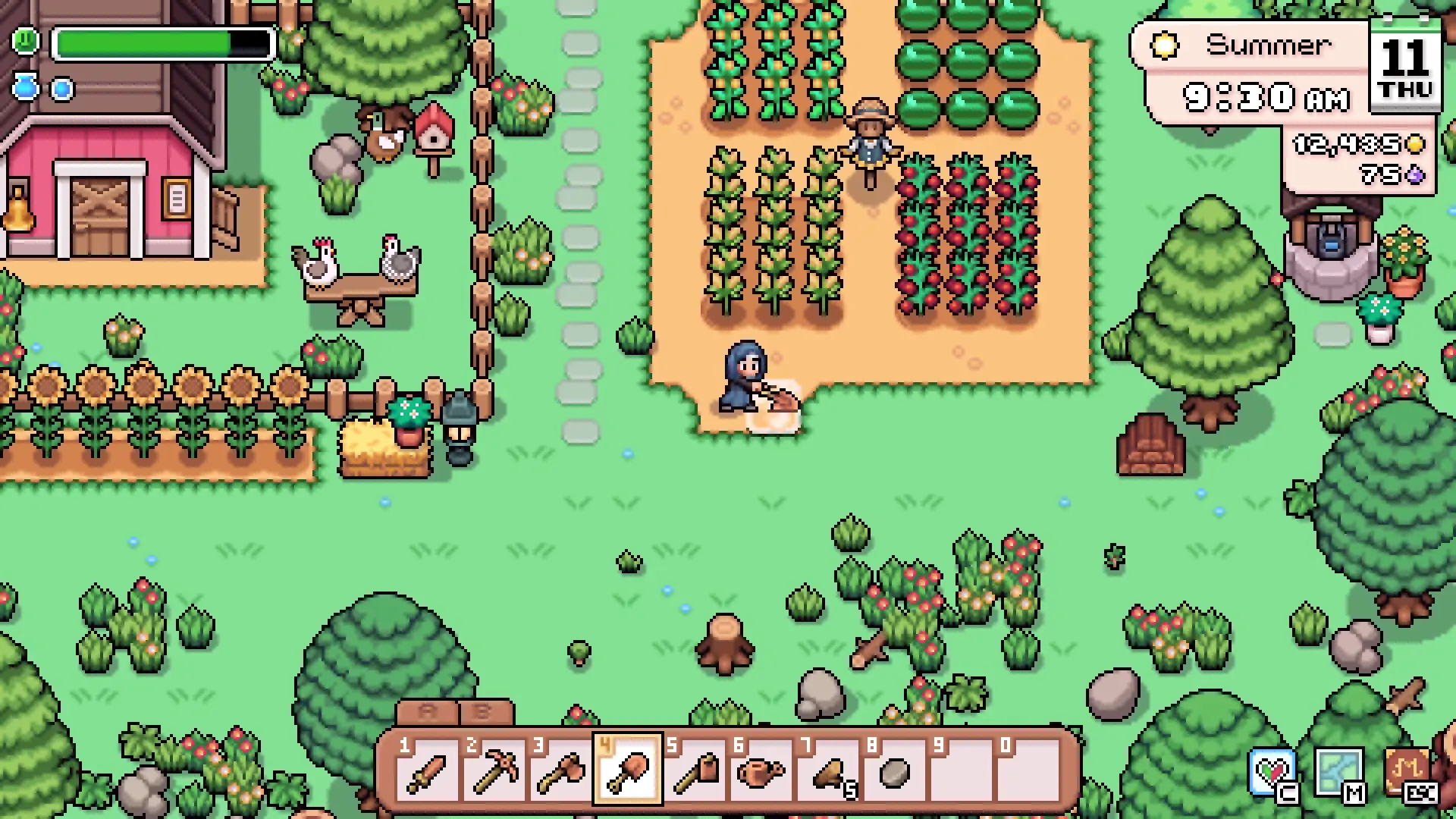 A summer farm in Fields of Mistria with rows of corn and watermelon, sunflowers along the fence, chickens outside the coop, and a villager working the field