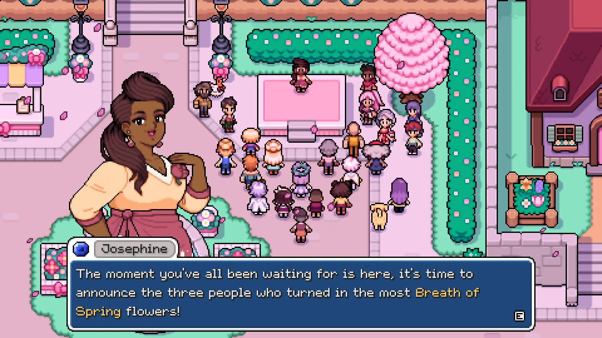 Josephine announces the winners of the spring flower contest to a crowd of villagers gathered around a pink stage under blossom trees in Fields of Mistria