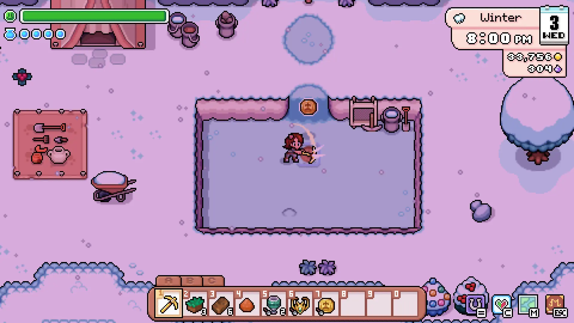 The farmer fires a bow beside a frozen basin in a snowy purple-lit clearing, with a camp of pots and tools nearby, in Fields of Mistria