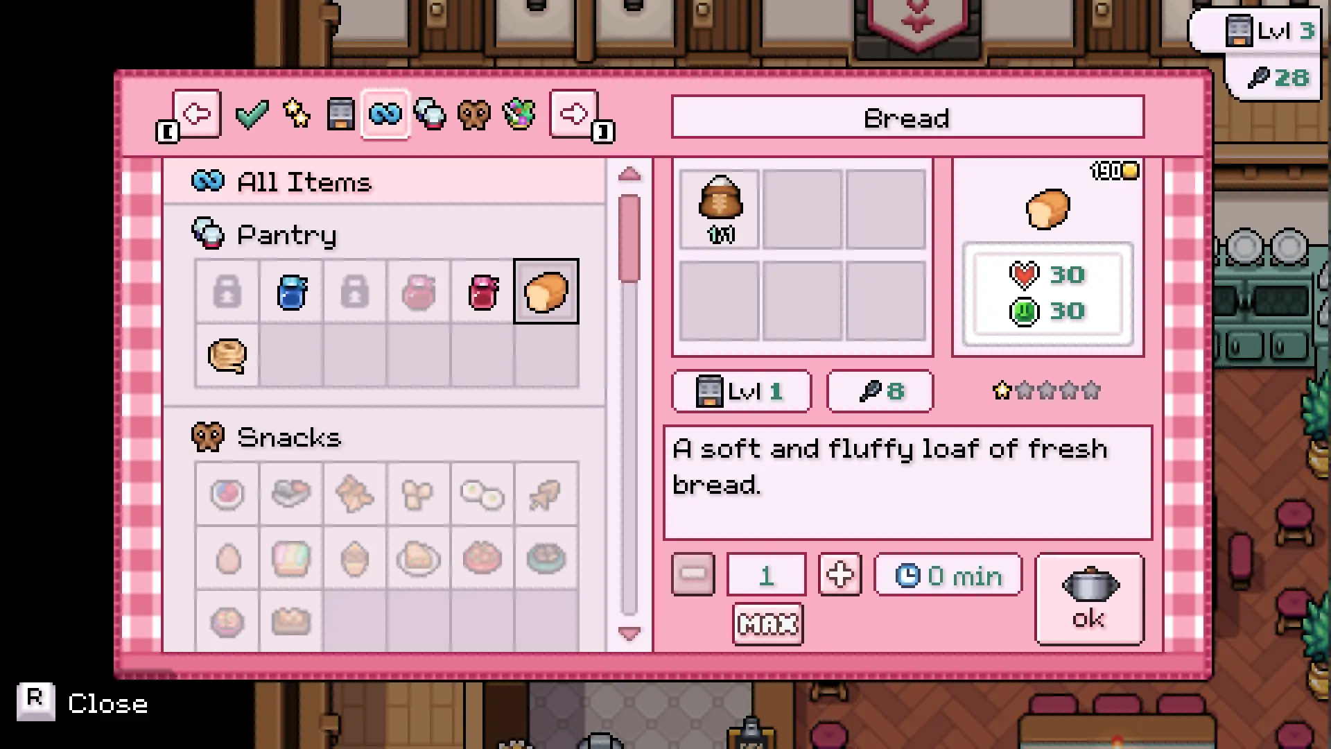 The cooking menu open in Fields of Mistria, showing the bread recipe with its ingredient slots and the health and stamina it restores