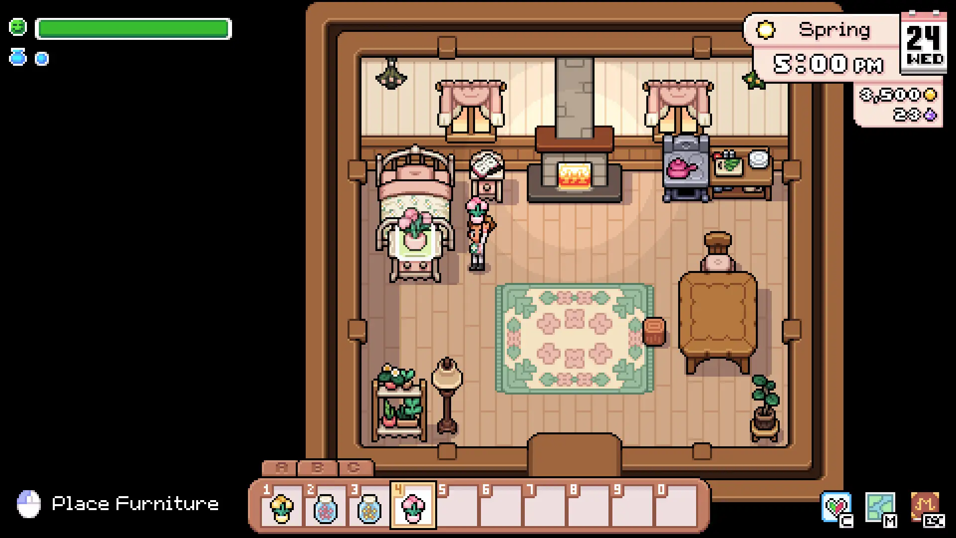 Furniture placement mode inside the farmhouse in Fields of Mistria, showing a canopy bed, a lit fireplace, a kitchen counter, a rug and a sofa
