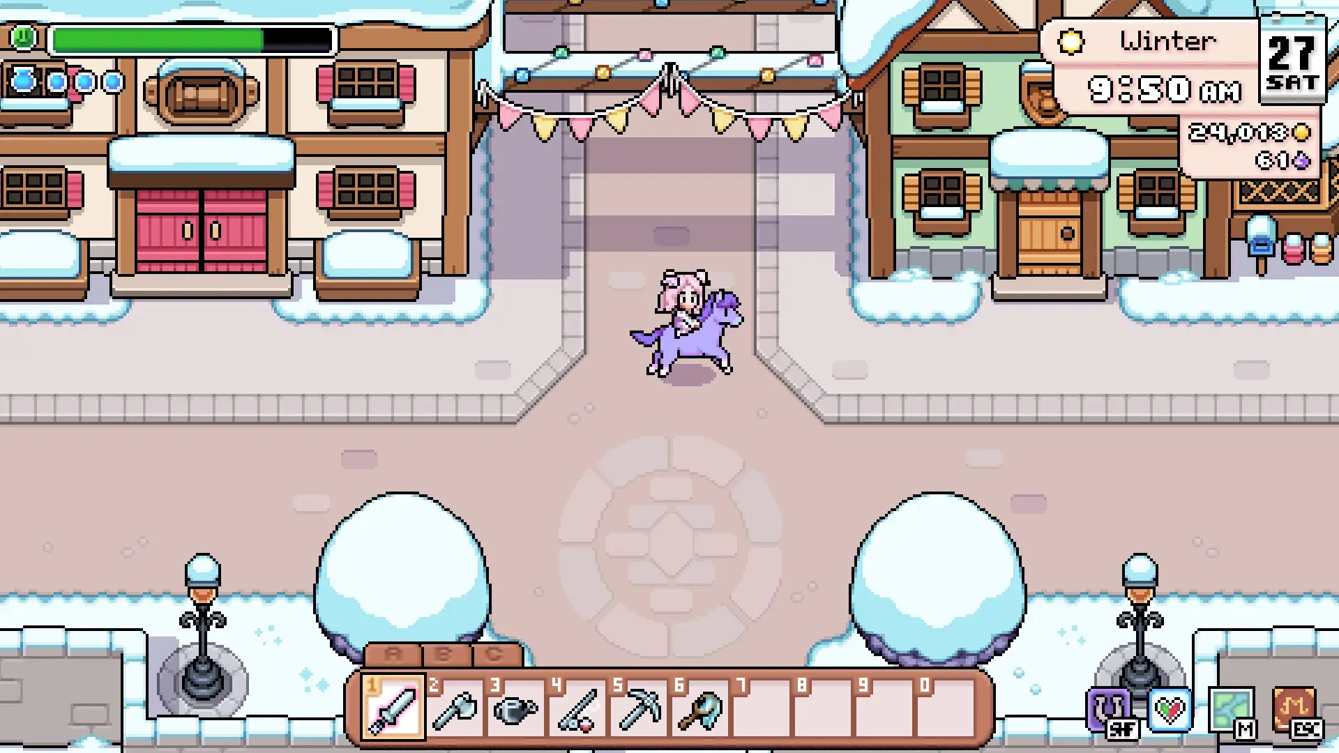 The farmer rides a purple horse through the snow-covered town square of Mistria, decorated with winter bunting between the shops