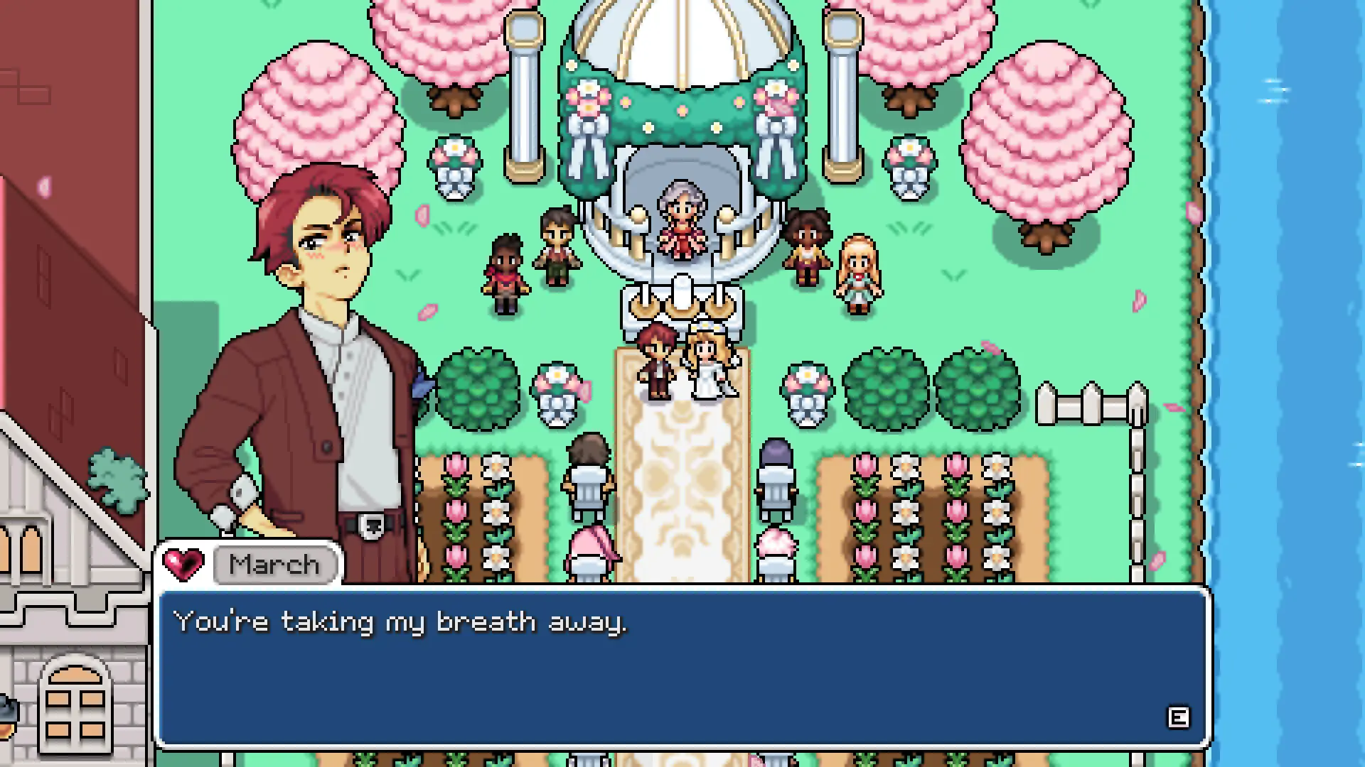 A wedding at the white domed gazebo in Fields of Mistria, with the couple at the altar, guests seated among cherry blossoms, and March speaking to the player