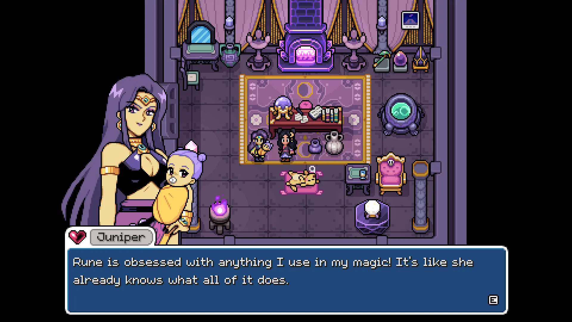 Juniper holds her baby Rune in her purple magic shop in Fields of Mistria, surrounded by potion shelves, a crystal ball and a lit fireplace