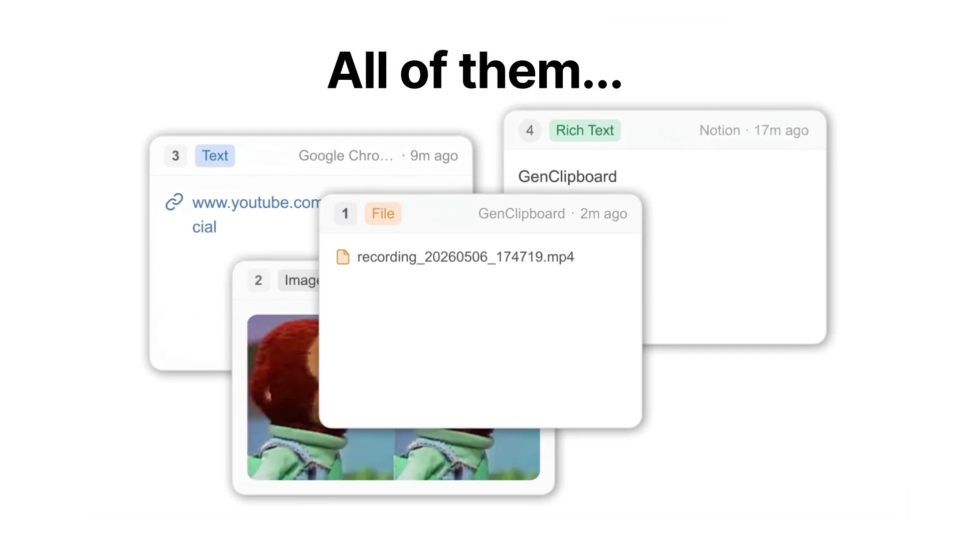 The GenClipboard history panel on Windows showing numbered clip cards