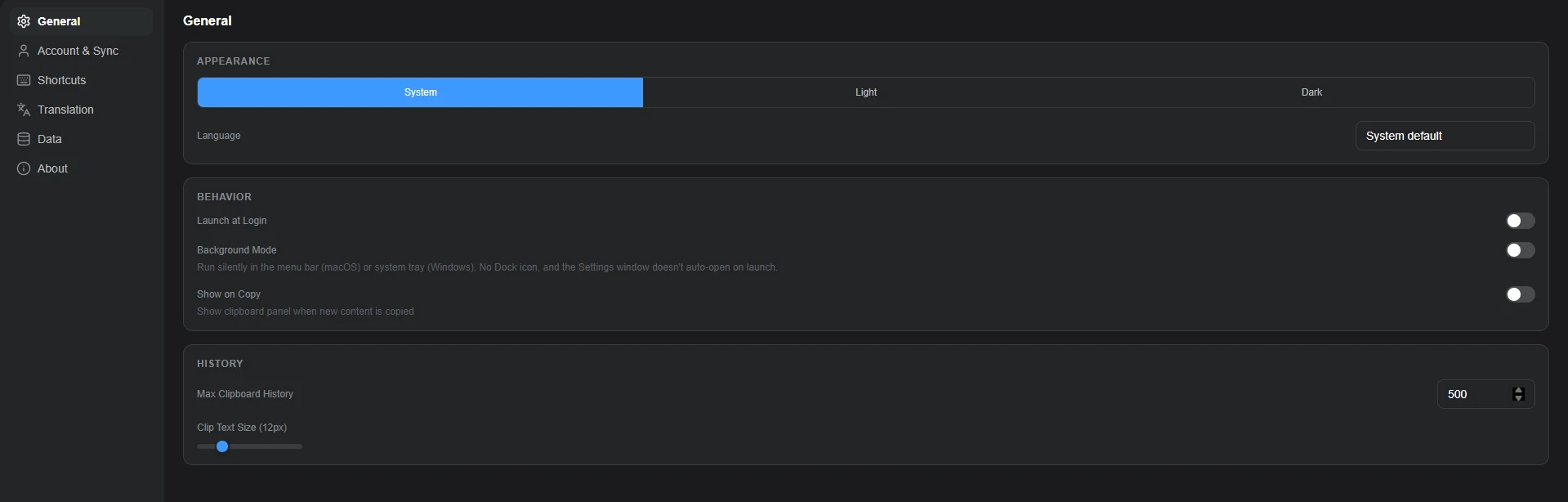 The General tab of GenClipboard Settings on Windows