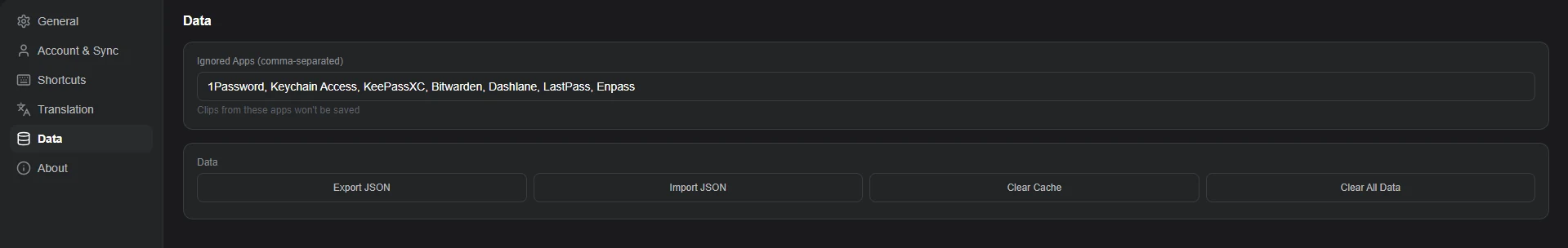 The Data tab in GenClipboard Settings showing the Ignored Apps list of password managers