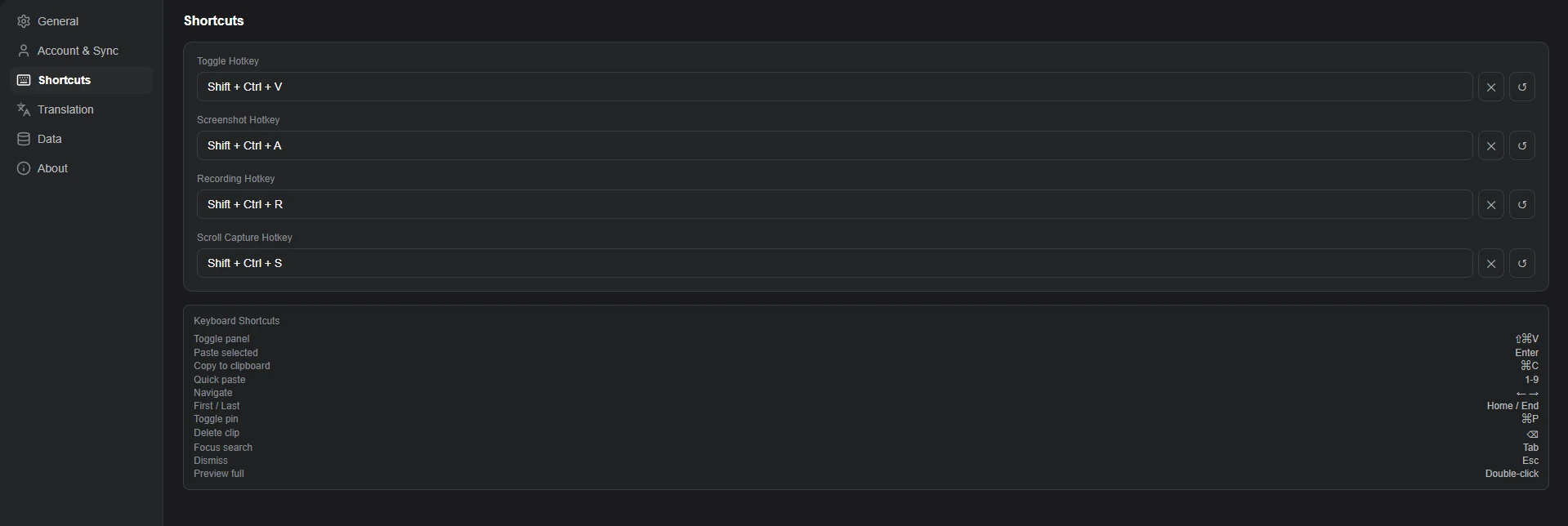 The Shortcuts tab in GenClipboard Settings on Windows showing the four configurable hotkeys