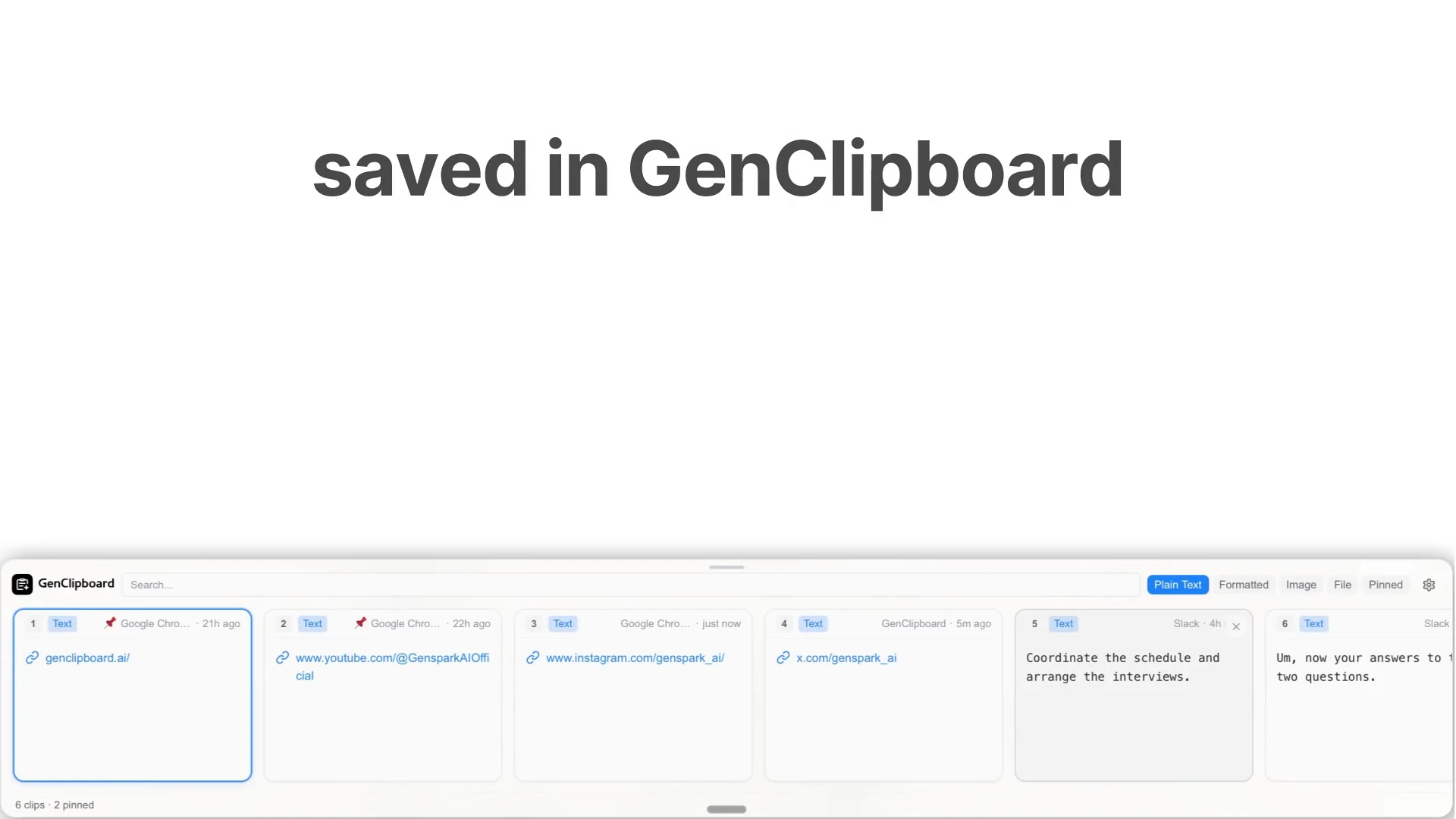 The GenClipboard panel open on Windows showing recent clipboard entries