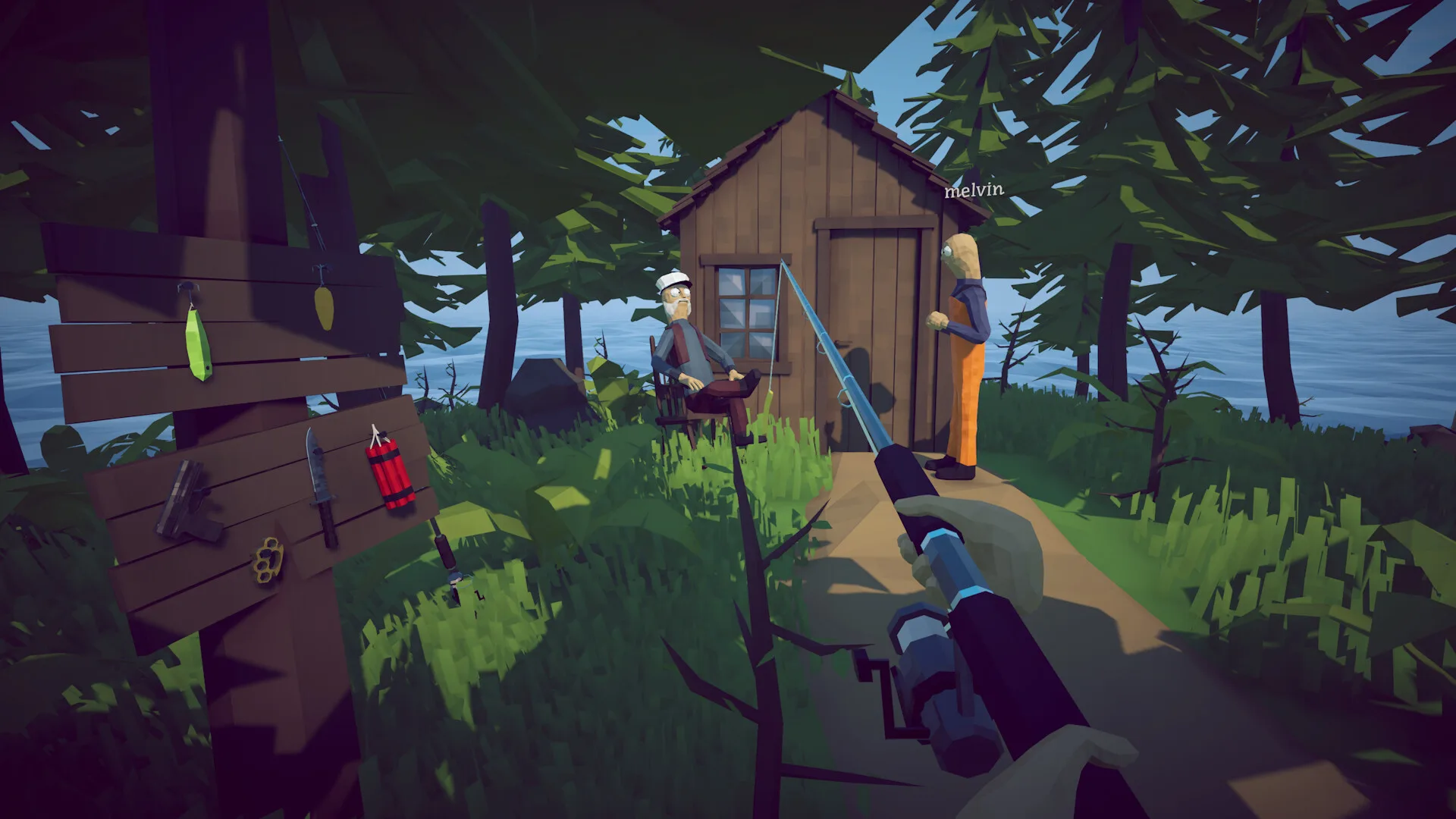 How to Fish first person cabin NPC fishing rod