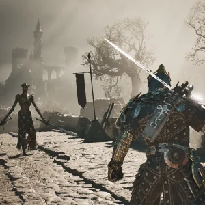 Mortal shell 2 glowing longsword standoff castle road fog