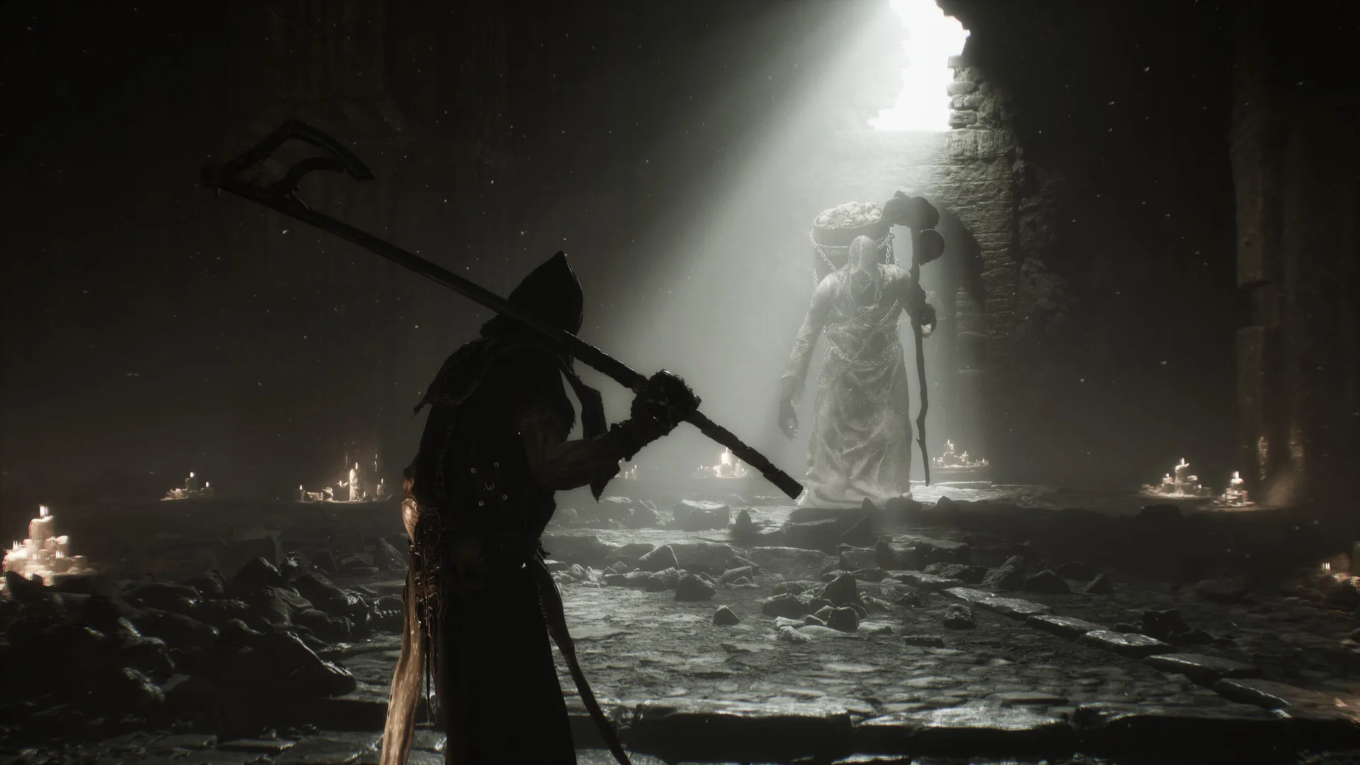 Mortal shell 2 scythe warrior facing pale enemy ruined hall - Mortal Shell II for PC: Guide, Tips & System Requirements
