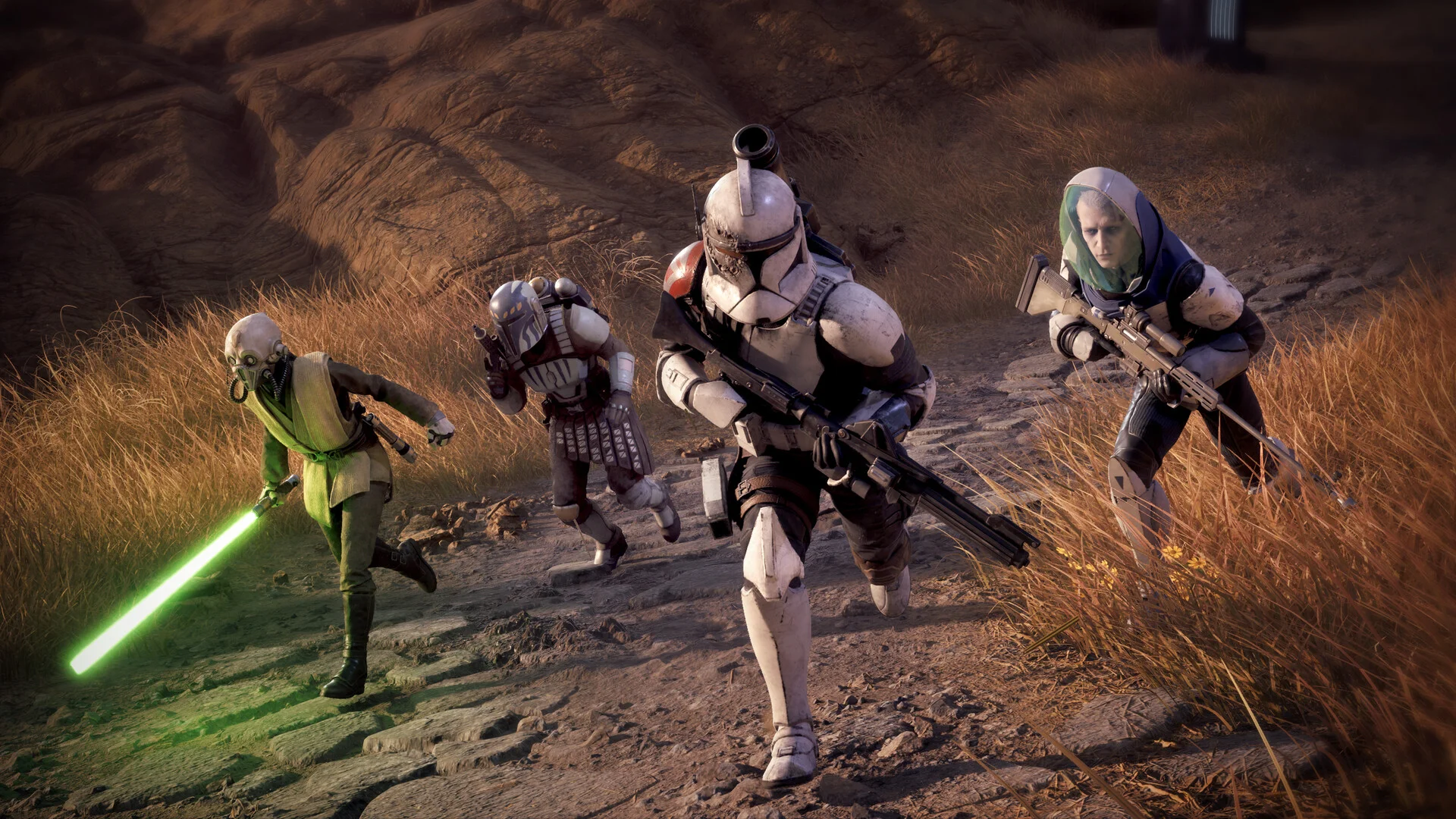 STAR WARS Zero Company squad charging into a canyon with Jedi and clone troopers