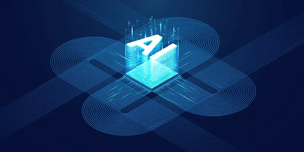 Abstract digital technology background. Isometric AI chip with AI hologram with circuit tech bg. Connected lines electric lightning. Bright light neon blue quantum CPU processor. Vector illustration.
